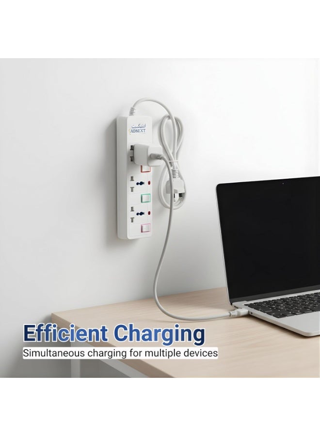 Adnext Power Socket with 3 Way Outlets and Extension Cord, 3 Meter Length, White - Image 3